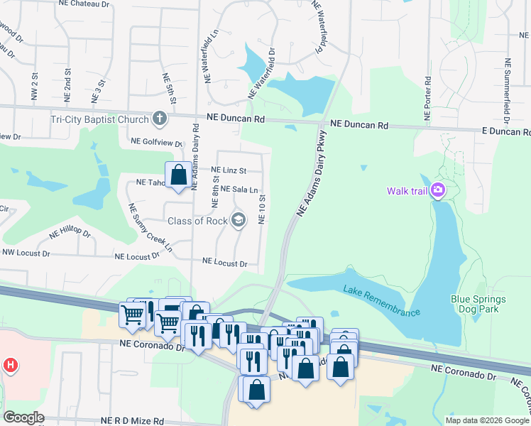 map of restaurants, bars, coffee shops, grocery stores, and more near 1148 Northeast 10 Street in Blue Springs