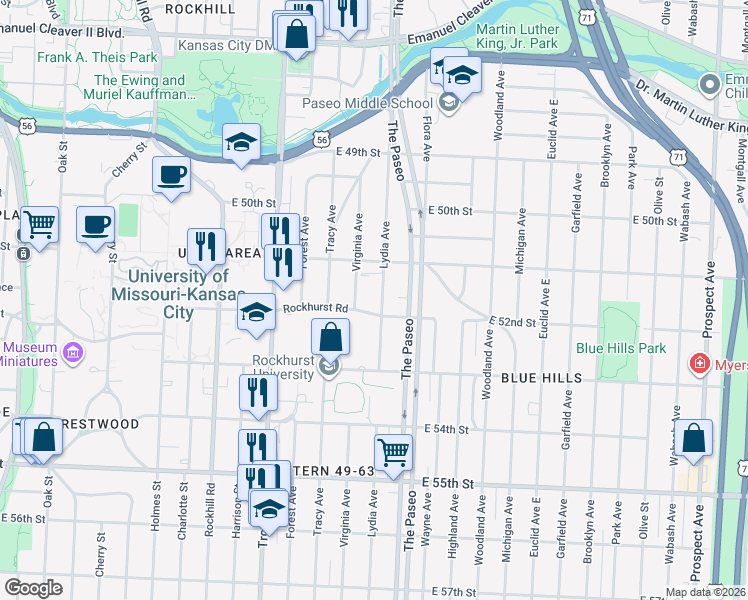 map of restaurants, bars, coffee shops, grocery stores, and more near 5124 Lydia Avenue in Kansas City