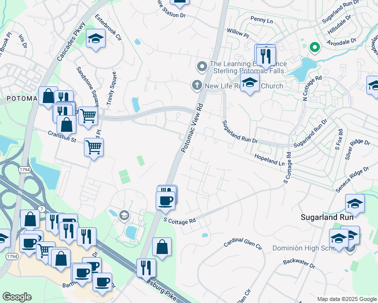 map of restaurants, bars, coffee shops, grocery stores, and more near 46609 Silhouette Square in Sterling