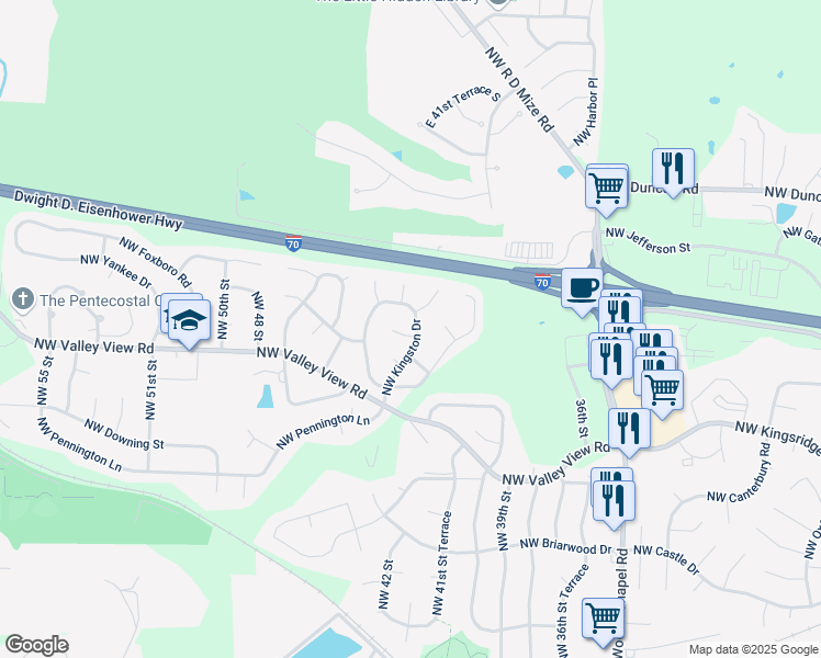 map of restaurants, bars, coffee shops, grocery stores, and more near 1413 Northwest Kingston Drive in Blue Springs