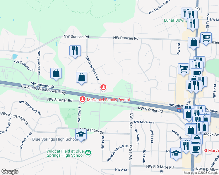 map of restaurants, bars, coffee shops, grocery stores, and more near 1701 Northwest Jefferson Street in Blue Springs