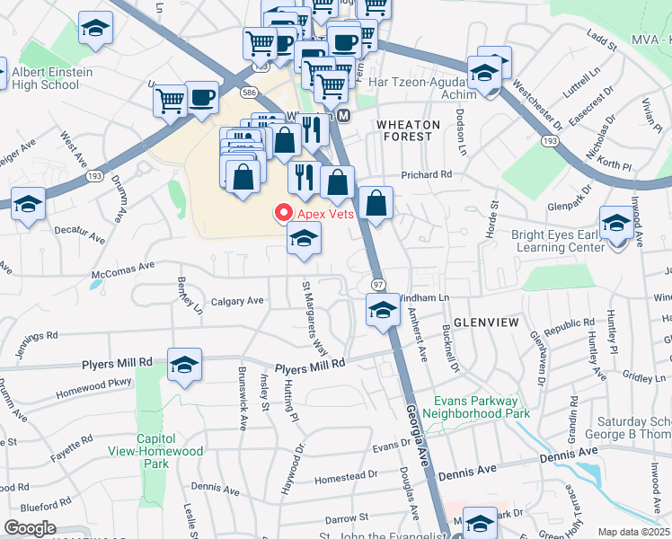 map of restaurants, bars, coffee shops, grocery stores, and more near 2601 Chivalry Court in Silver Spring