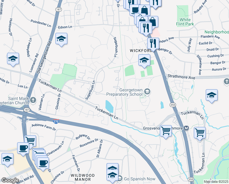 map of restaurants, bars, coffee shops, grocery stores, and more near 10744 Brewer House Road in Rockville