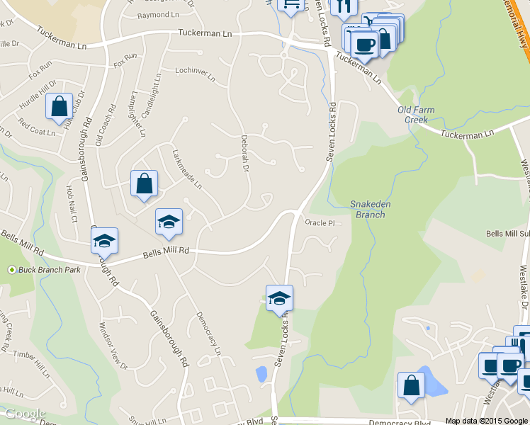 map of restaurants, bars, coffee shops, grocery stores, and more near 10901 Deborah Drive in Rockville