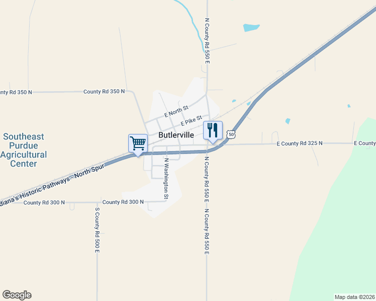 map of restaurants, bars, coffee shops, grocery stores, and more near 5410 U.S. 50 in Butlerville