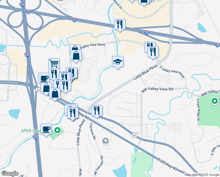 map of restaurants, bars, coffee shops, grocery stores, and more near 4700 Little Blue Parkway in Independence