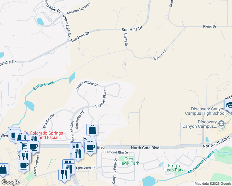map of restaurants, bars, coffee shops, grocery stores, and more near 1017 Coyote Willow Drive in Colorado Springs