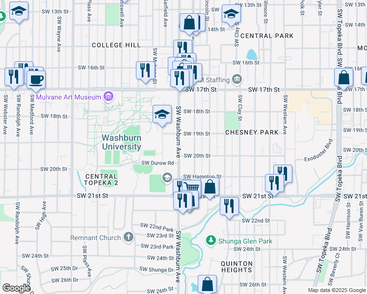 map of restaurants, bars, coffee shops, grocery stores, and more near 1926 Southwest Washburn Avenue in Topeka