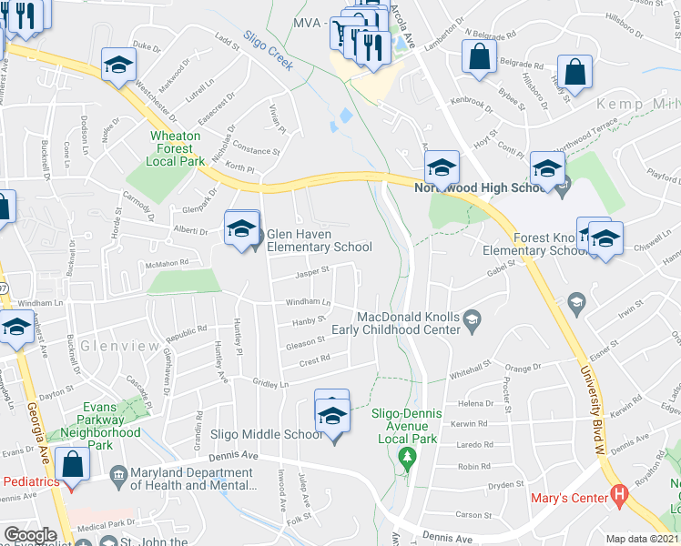 map of restaurants, bars, coffee shops, grocery stores, and more near 10813 Keller Street in Silver Spring