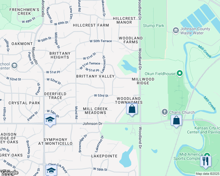 map of restaurants, bars, coffee shops, grocery stores, and more near 5224 Longview Road in Shawnee