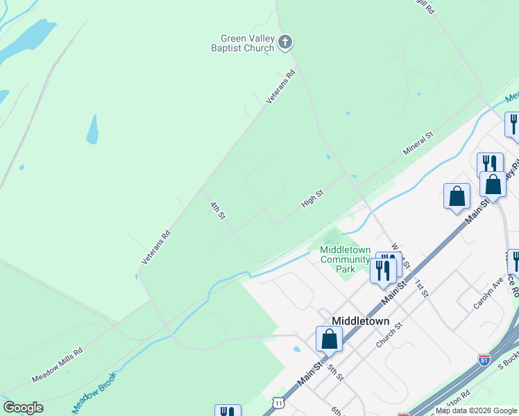 map of restaurants, bars, coffee shops, grocery stores, and more near 400 Commerce Street in Middletown