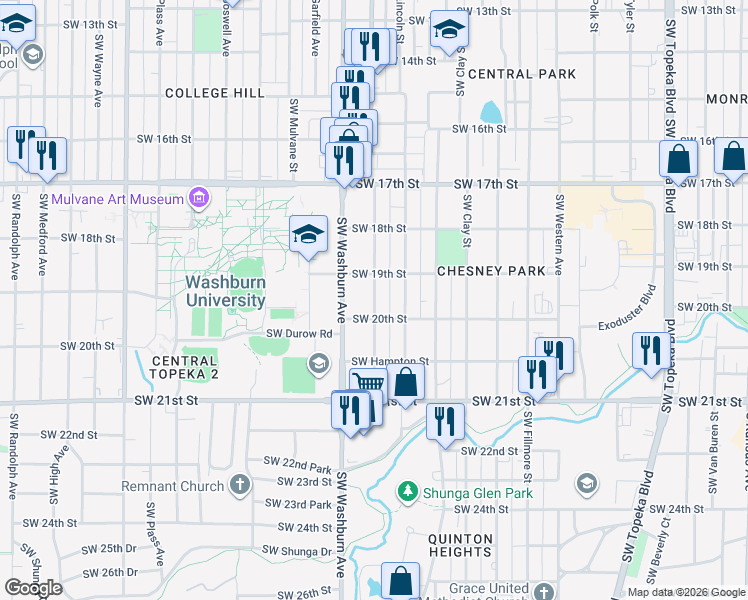 map of restaurants, bars, coffee shops, grocery stores, and more near 1923 Southwest Lane Street in Topeka
