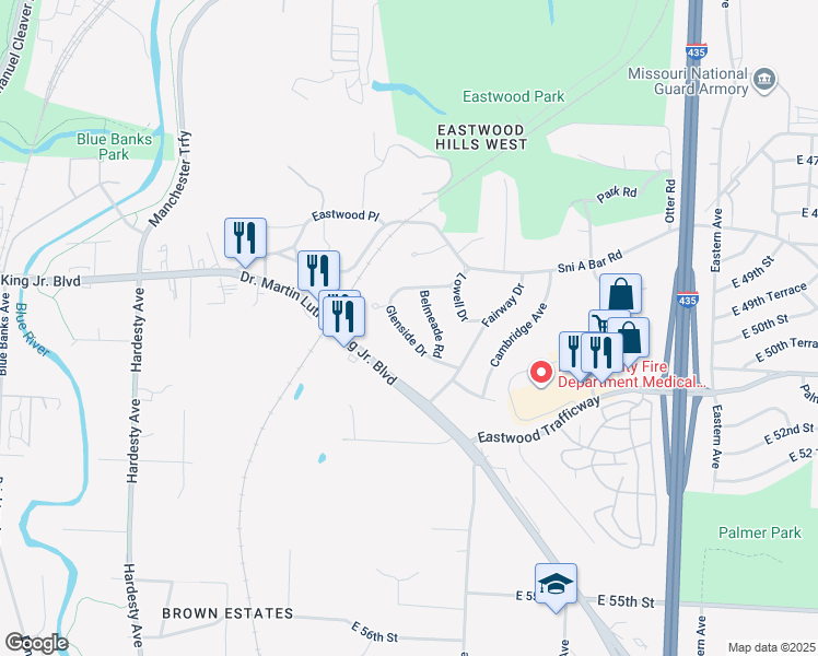 map of restaurants, bars, coffee shops, grocery stores, and more near 5077 Glenside Drive in Kansas City
