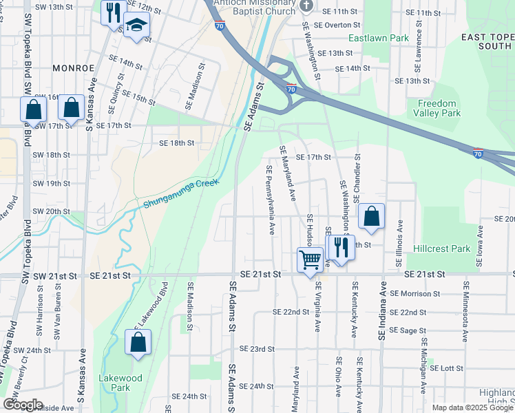map of restaurants, bars, coffee shops, grocery stores, and more near 1828 Southeast Massachusetts Avenue in Topeka