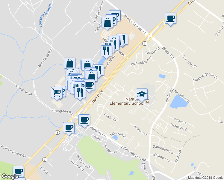 map of restaurants, bars, coffee shops, grocery stores, and more near 2450 Medford Court in Crofton