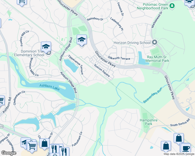 map of restaurants, bars, coffee shops, grocery stores, and more near 21074 Cripple Creek Square in Ashburn