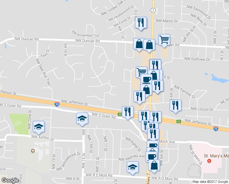 map of restaurants, bars, coffee shops, grocery stores, and more near 1015 Northwest Porter Court in Blue Springs