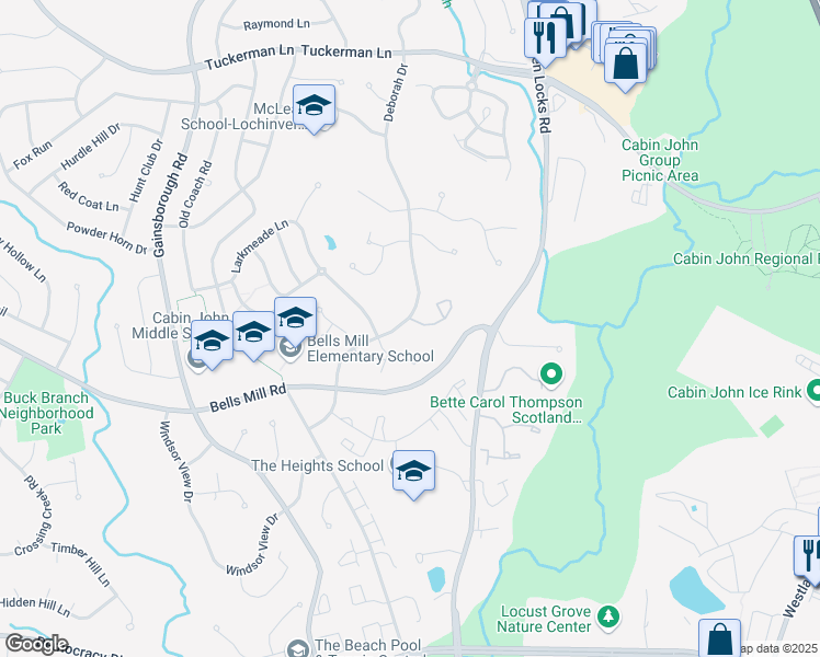 map of restaurants, bars, coffee shops, grocery stores, and more near 10875 Deborah Drive in Rockville