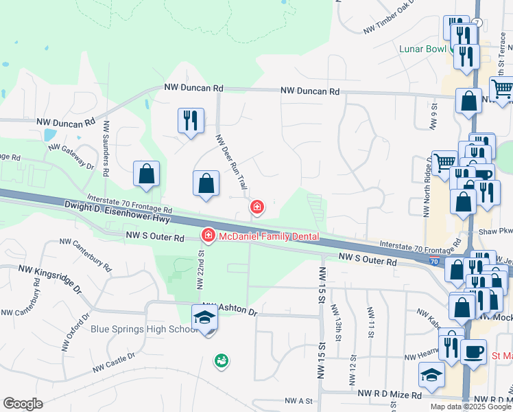 map of restaurants, bars, coffee shops, grocery stores, and more near 1200 Northwest Jefferson Court in Blue Springs