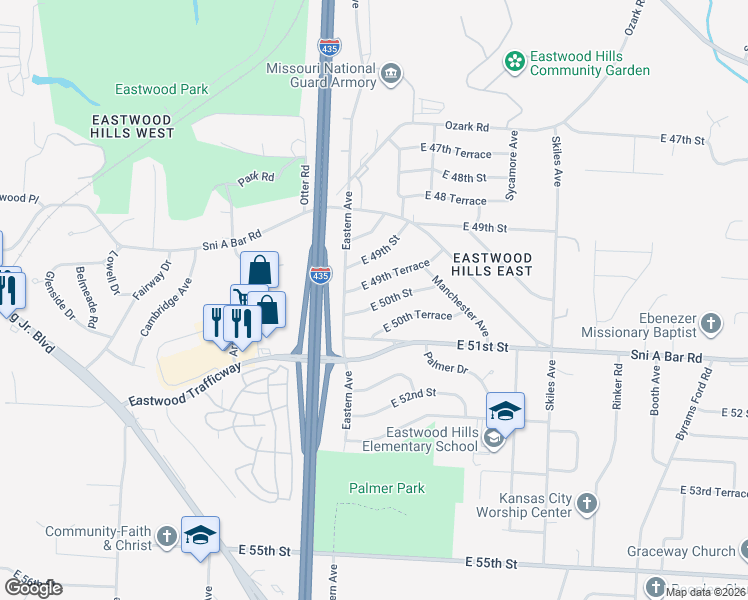 map of restaurants, bars, coffee shops, grocery stores, and more near 7404 East 50th Street in Kansas City
