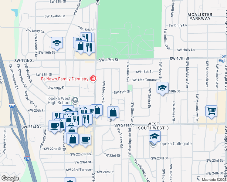 map of restaurants, bars, coffee shops, grocery stores, and more near 4900-4998 Southwest 19th Street in Topeka