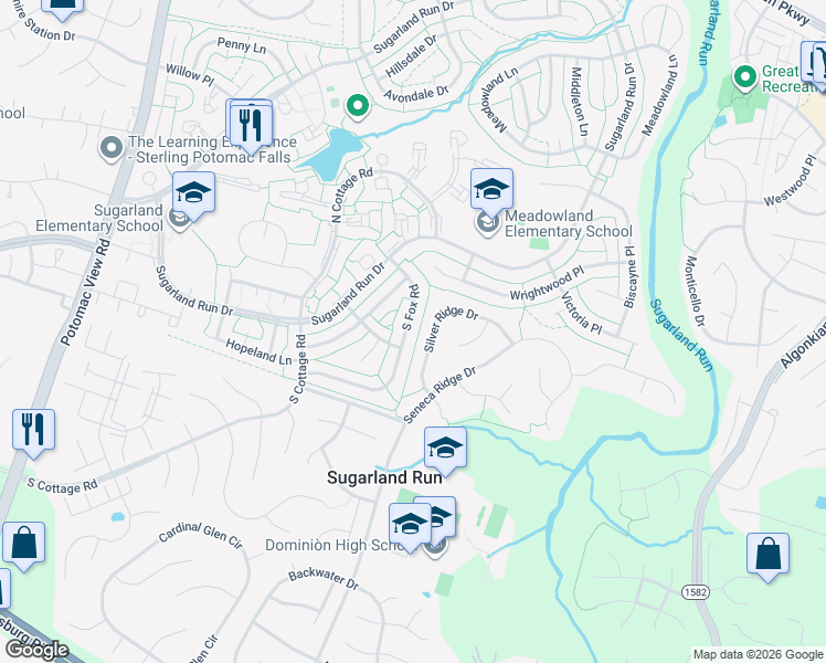 map of restaurants, bars, coffee shops, grocery stores, and more near 124 South Fox Road in Sterling