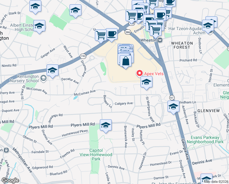 map of restaurants, bars, coffee shops, grocery stores, and more near 2711 McComas Avenue in Kensington