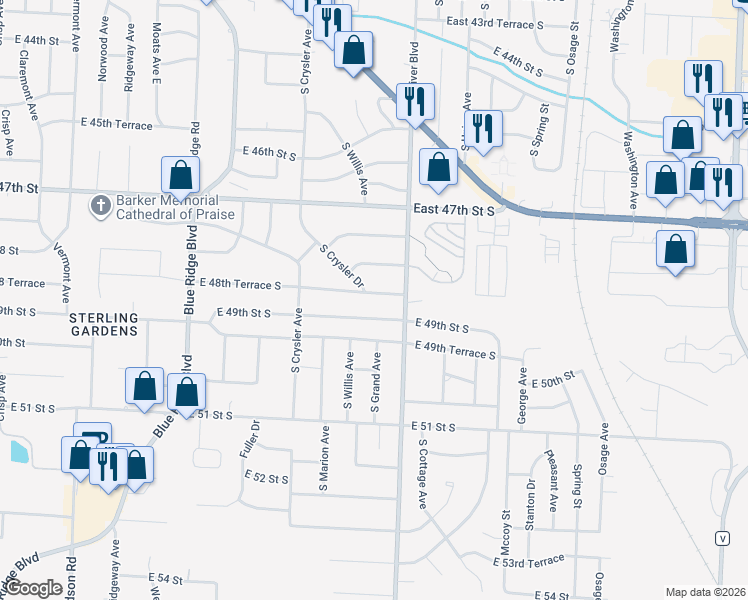 map of restaurants, bars, coffee shops, grocery stores, and more near 12617 East 48th Terrace South in Independence
