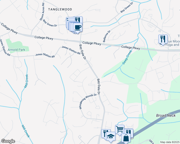 map of restaurants, bars, coffee shops, grocery stores, and more near 234 Bay Dale Drive in Arnold