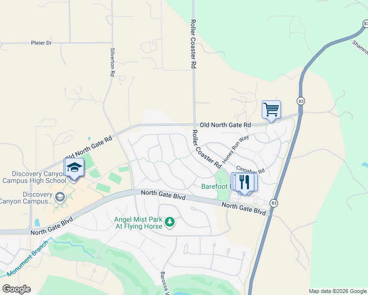 map of restaurants, bars, coffee shops, grocery stores, and more near 2143 Diamond Creek Drive in Colorado Springs