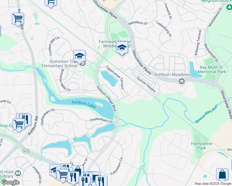 map of restaurants, bars, coffee shops, grocery stores, and more near 21104 Mossy Glen Terrace in Ashburn