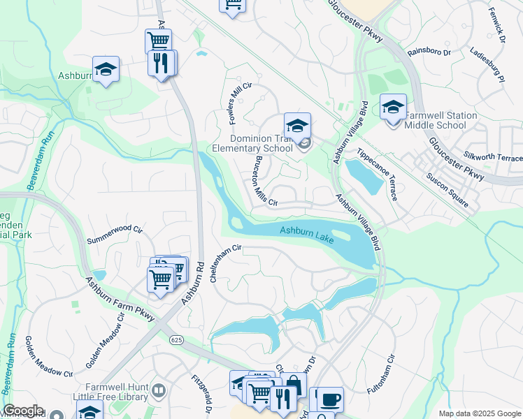 map of restaurants, bars, coffee shops, grocery stores, and more near 21099 Roaming Shores Terrace in Ashburn