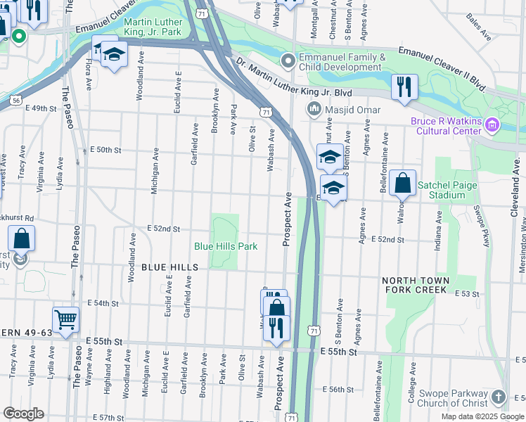 map of restaurants, bars, coffee shops, grocery stores, and more near 5118 Wabash Avenue in Kansas City