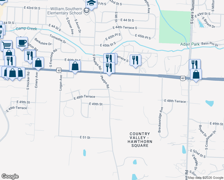 map of restaurants, bars, coffee shops, grocery stores, and more near 15412 East 48th Street in Kansas City