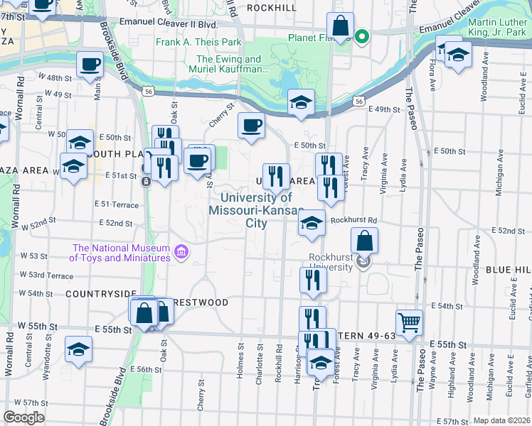 map of restaurants, bars, coffee shops, grocery stores, and more near 5100 Rockhill Road in Kansas City