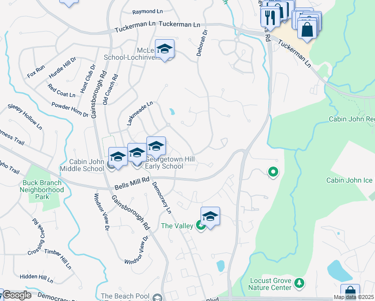 map of restaurants, bars, coffee shops, grocery stores, and more near 10804 Larkmeade Lane in Rockville