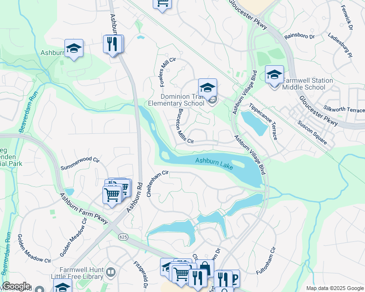 map of restaurants, bars, coffee shops, grocery stores, and more near 21099 Roaming Shores Terrace in Ashburn