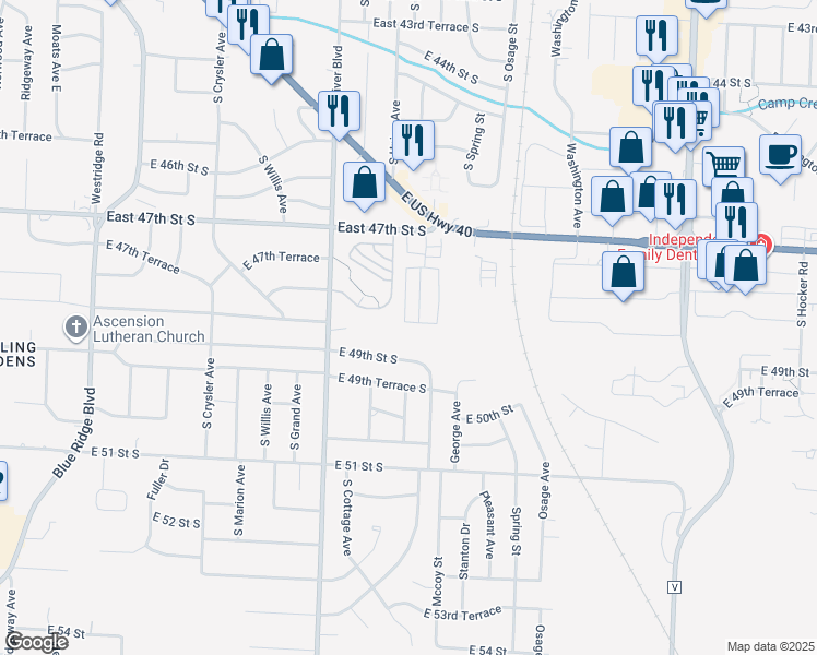map of restaurants, bars, coffee shops, grocery stores, and more near 118 Lake in Independence