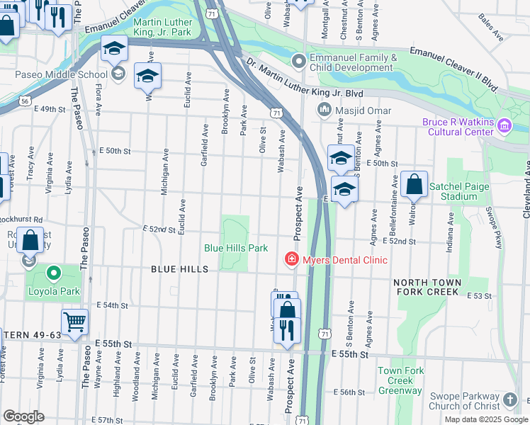 map of restaurants, bars, coffee shops, grocery stores, and more near 5115 Olive Street in Kansas City