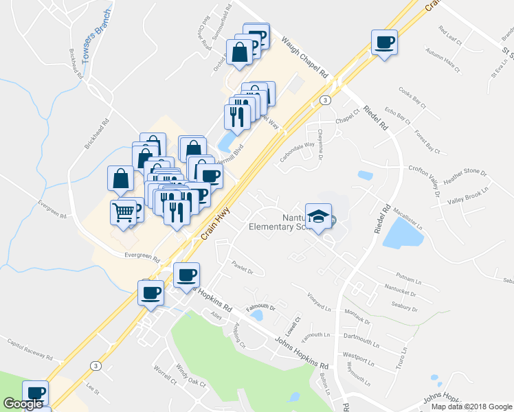 map of restaurants, bars, coffee shops, grocery stores, and more near 2403 Lizbec Court in Crofton