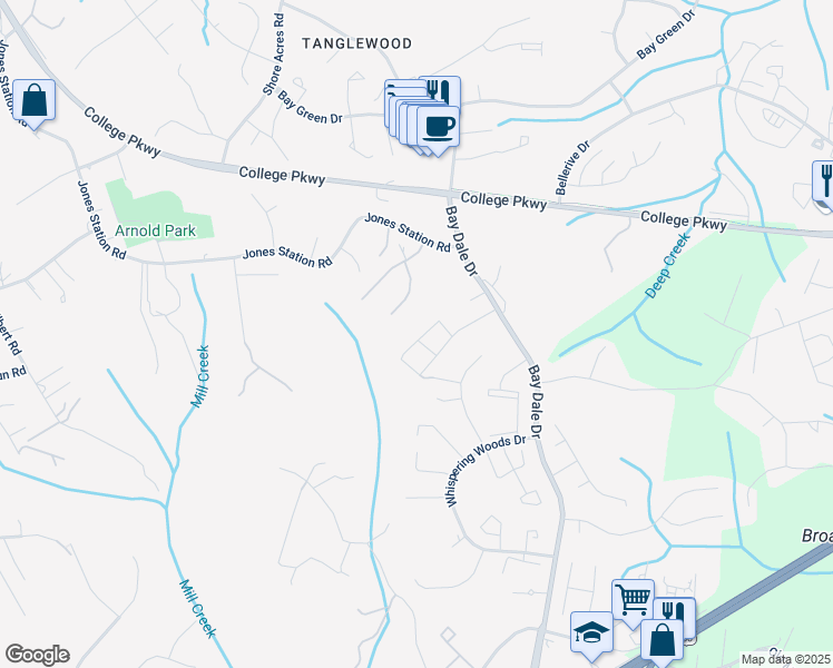 map of restaurants, bars, coffee shops, grocery stores, and more near 350 Carronade Way in Arnold