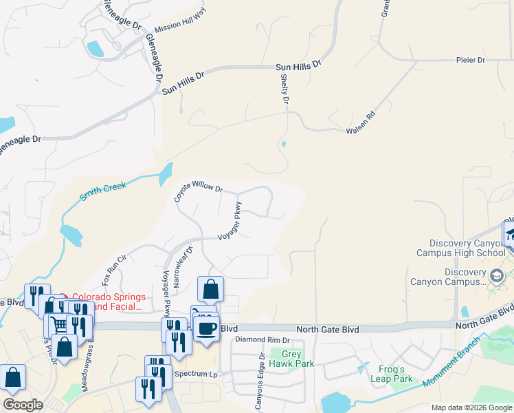 map of restaurants, bars, coffee shops, grocery stores, and more near 1017 Coyote Willow Drive in Colorado Springs