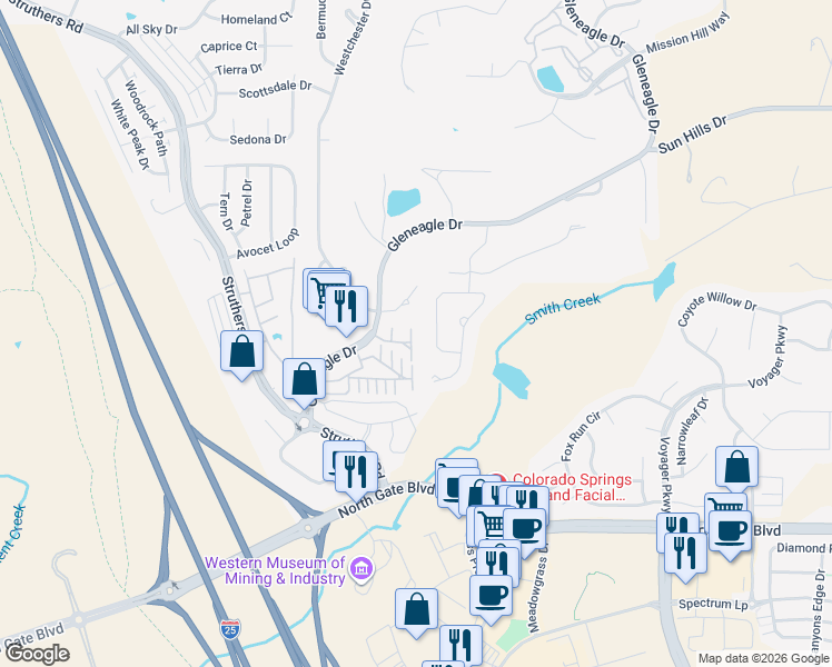 map of restaurants, bars, coffee shops, grocery stores, and more near 38 Rising Sun Terrace in Colorado Springs