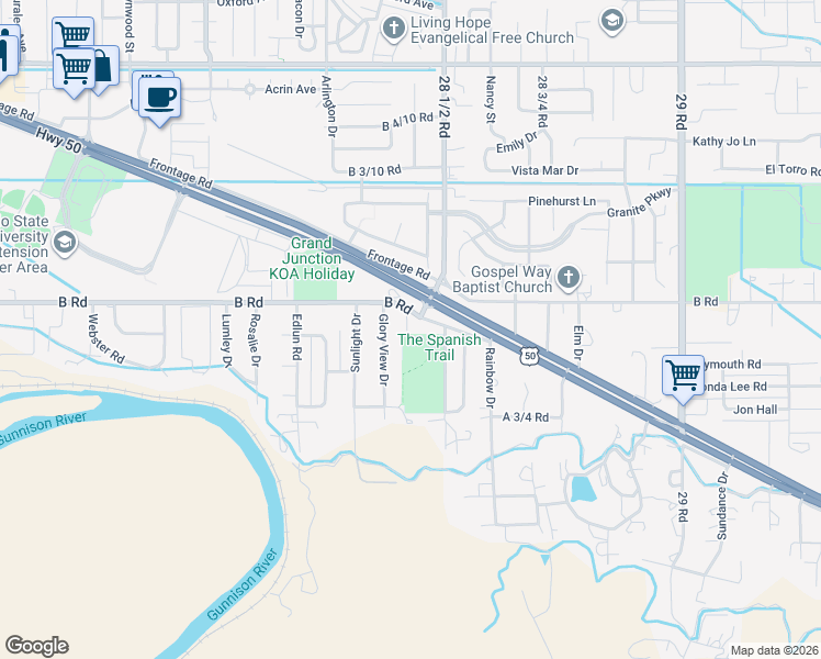 map of restaurants, bars, coffee shops, grocery stores, and more near 190 1/2 Glory View Drive in Grand Junction