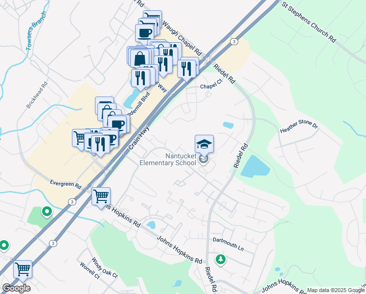 map of restaurants, bars, coffee shops, grocery stores, and more near 2314 Bellow Court in Crofton