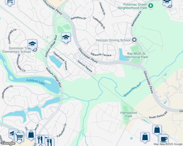 map of restaurants, bars, coffee shops, grocery stores, and more near 44303 Suscon Square in Ashburn