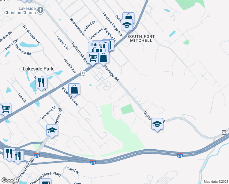 map of restaurants, bars, coffee shops, grocery stores, and more near 8 Stevie's Ridge Road in Fort Mitchell