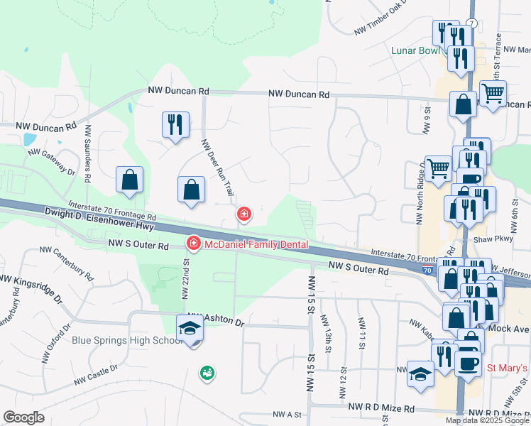 map of restaurants, bars, coffee shops, grocery stores, and more near 1200 Northwest Jefferson Court in Blue Springs
