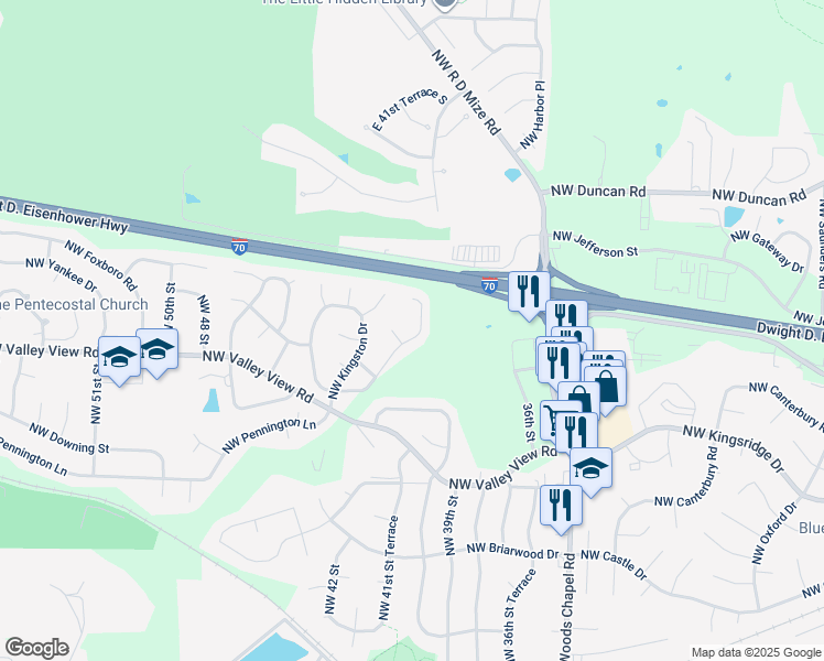 map of restaurants, bars, coffee shops, grocery stores, and more near 4053 Northwest Winslow Place in Blue Springs
