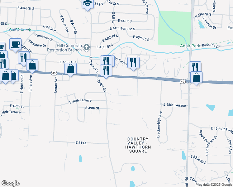 map of restaurants, bars, coffee shops, grocery stores, and more near 4746 Haden Court in Kansas City